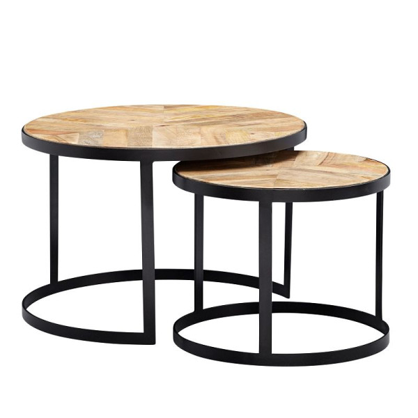 Wohnling salontafel set van 2 massief hout/metaal industrieel rond, met zwarte metalen poten, WL6.347
