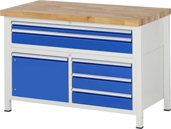 RAU werkbank serie 8000 - frameconstructie (gelast frame), drievoudige onderbak (5x lade, 1x draaideur), 1250x840x700 mm, 03-8922A2-127B4S.11