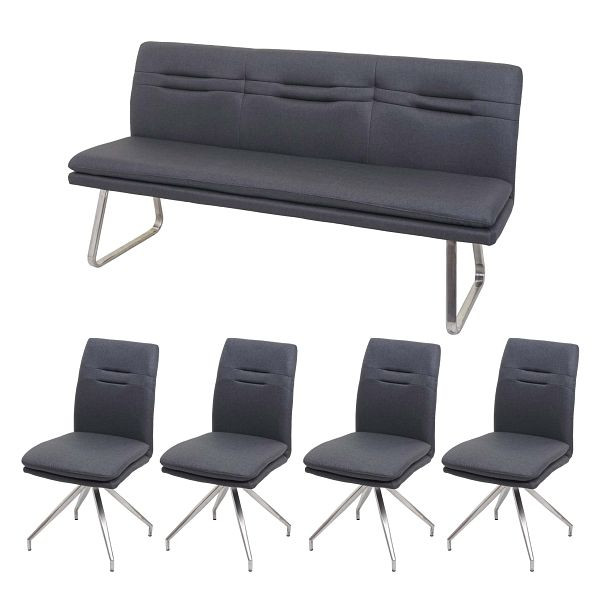 Mendler eetkamerset HWC-H70, zitgroep eetkamergroep eetkamerset, stof/textiel geborsteld RVS, donkergrijs 180cm, 73915+73960+2x73923