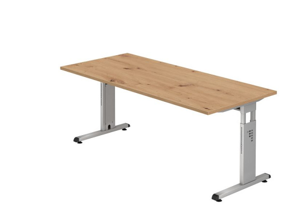 Hammerbacher bureau OS19, 180 x 80 cm, blad: knoestig eiken, 25 mm dik, 2 mm ABS rand, rechthoekige vorm, zilver, VOS19/R/S
