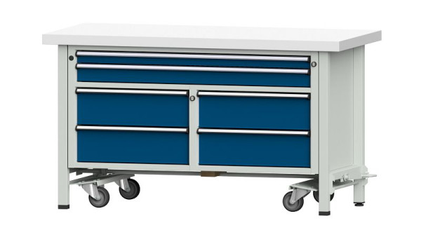 ANKE werkbanken box werkbank, model 255 V, 1500 x 700 x 850 mm, RAL 7035/5010, KSP 50 mm, met neerlaatbaar verrijdbaar apparaat, 304.211
