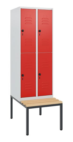 C+P Doppelstöckiger Spind Classic PLUS, 2 Abteile, 1950x600x815mm, 7035/3020, Drehriegel, Buche-Sitzleisten, mit untergebauter Sitzbank, 0803505-20 S10002
