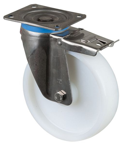 BS rollen RVS zwaarlastwiel zwenkwiel met rem, RVS, kunststof wiel, glijlager, schroefplaat 200 mm 450 kg, HS120.A90.201