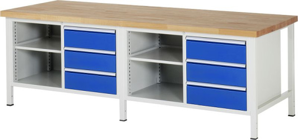 RAU werkbank serie 8000 - frameconstructie (gelast frame), dubbele onderbouw bak (1x legbord, 3x lade), 2500x840x900 mm, 03-8462A2-259B4S.11