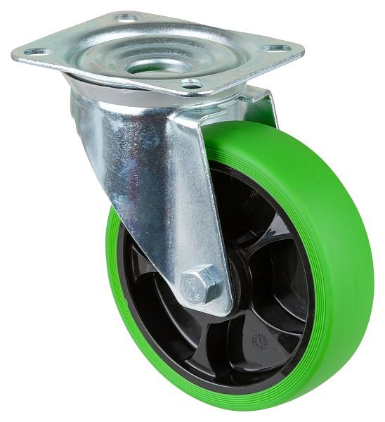 BS rollen transportwiel zwenkwiel, thermoplastisch rubberen wiel, groene band, rollager, plaat, diameter: 160 mm, verpakking: 2 stuks, L400.B44.161.04