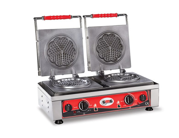 GMG Amore-S wafelijzer, 2x Ø 16cm, 50° tot 300°C, vaste gietijzeren bakplaat, rondom vetvanger, RVS behuizing, KGW-21S