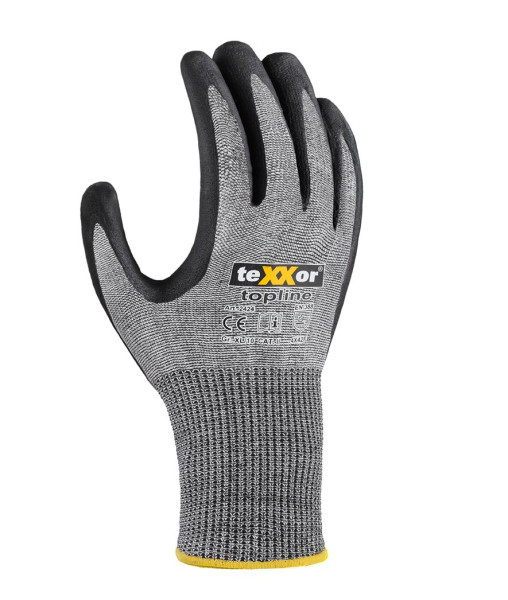 teXXor snijbescherming gebreide handschoenen GESCHUURDE NITRILE COATING, grijs/zwart, maat: 7, verpakking: 144 paar, 2424-7