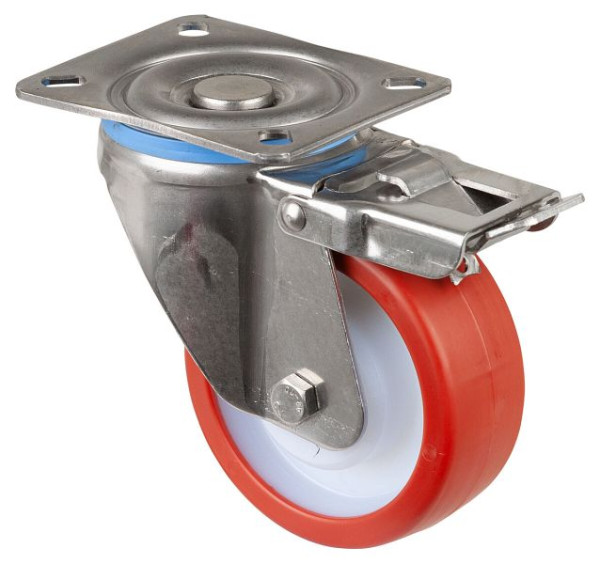 BS Wielen RVS zwaarlastwiel met rem, B40 mm, Ø100 mm, tot 300 kg, rood polyurethaan oppervlak, rollager, HS120.B28.100