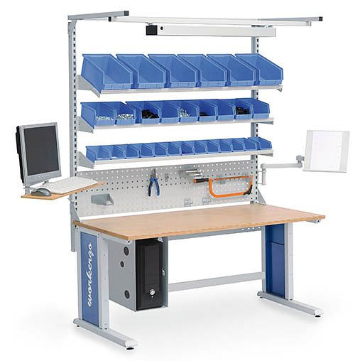 Bedrunka + Hirth meerwandige bouwvakkergo met bovenframe, 1x geperforeerde plaat, 3x legplank, 2x zwenkarm, afmetingen in mm (BxDxH): 1500 x 750 x 1250, 4C150-5