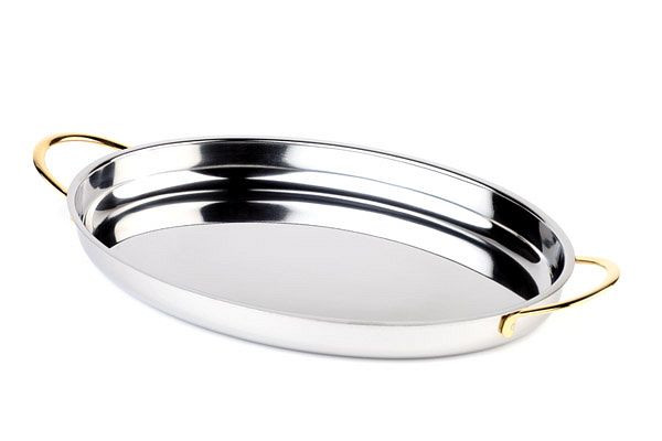 APS serveer-/bijgerecht, 26,5 x 19,5 cm, hoogte: 3 cm, gepolijst roestvrij staal, vergulde roestvrijstalen handgrepen, 0,8 liter, 60270