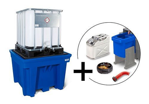 DENIOS classic-line set bestaande uit 1 IBC-PE opvangbak, lekdetector, opzetstuk vulcontainer, uitlaatverlenging en jerrycan, 276649