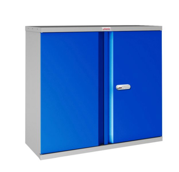 Phoenix SCL-serie stalen opbergkast met 2 deuren en 1 plank, grijze behuizing en blauwe deuren met elektronisch slot, SCL0891GBE