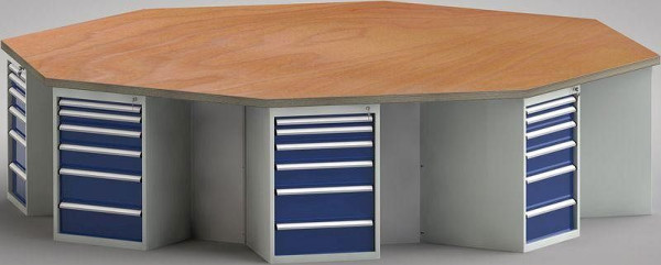 KLW standaard werkbank in achthoekige vorm met beuken multiplex blad in achthoekige vorm 3259 x 3259 x 40 mm L x B x S, WS670N-1350M40-E8015