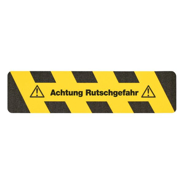 m2 antislipbekleding, waarschuwingsmarkering, zwart/geel, tekst "Let op, slipgevaar" strips 150x610mm, M111500610