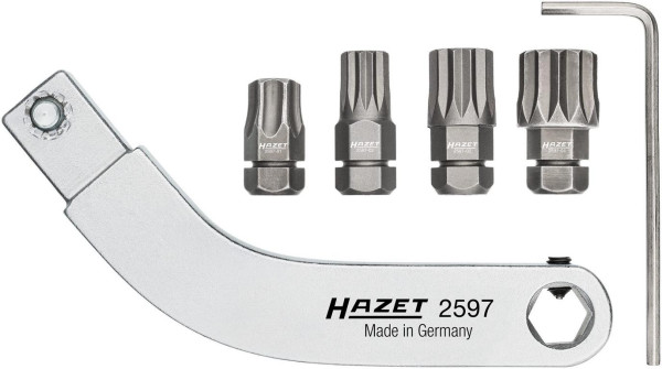 Hazet deurscharnier-inzetgereedschap, gebogen bithouder, set, vierkant inzetstuk 9 x 12 mm, holle zeskant 8 mm, binnen TORX® profiel, 2597-2/5