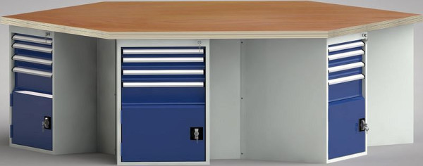 KLW standaard werkbank in zeshoekige vorm met beuken multiplex blad in zeshoekige vorm 2338 x 2700 x 40 mm L x B x S, WS620N-1350M40-E8016