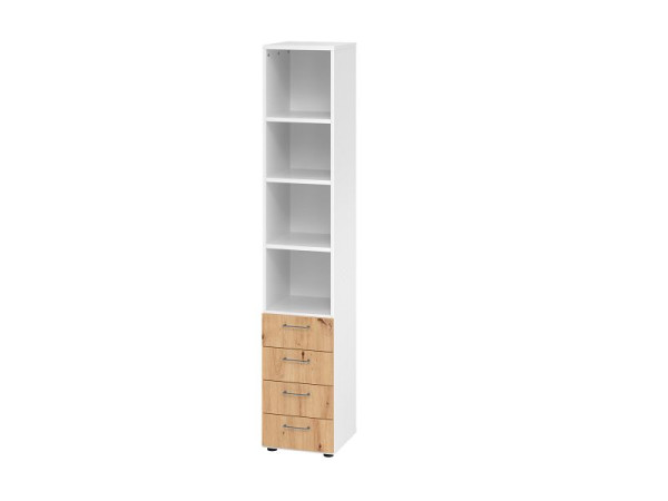 Hammerbacher combikast 6OH, 4 laden 964S4 BS, romp: wit / voorkant: knoestig eiken, 40 x 41,7 x 215,6 cm (BxDxH), metalen handgreep BS, V964S4/W/R/BS