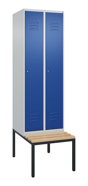 C+P Umkleidespind Classic PLUS, mit untergebauter Sitzbank, 2 Abteile, 2120x600x815mm, 7035/5010, Zylinderschlösser, Buche-Sitzleisten, 0800507-20 S10047