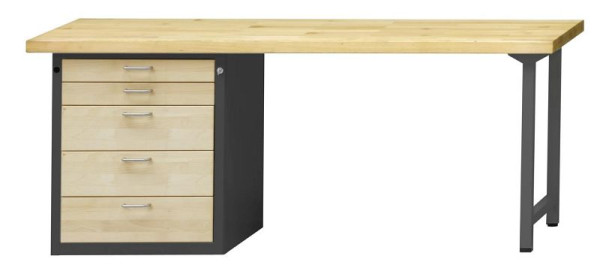 ANKE combinatie werkbank; 2000x700mm; Beuk massieve plaat; Linker onderkast 660x615 mm, 5 laden 90, 90, 180, 180, 180 mm