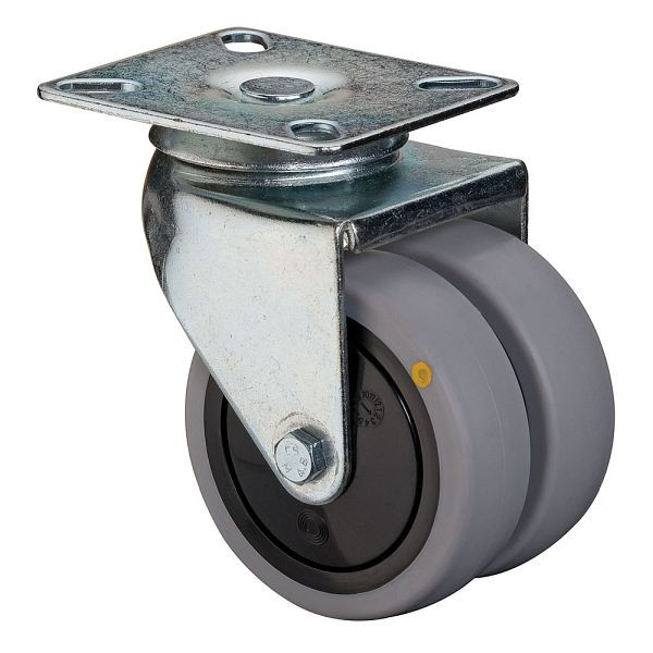 BS rollenapparaat dubbele rol, breedte 2x24 mm, Ø75 mm, tot 80 kg, grijs rubber, elektrisch geleidend, kogellager, plaat, verpakking: 2 stuks, B100.A89.075