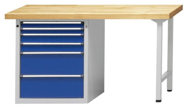 ANKE combinatie werkbank; 1500x700mm; RAL7035 / 5010; Linker onderkast 660x615 mm, 6 laden 60, 60, 90, 90, 210, 210 mm