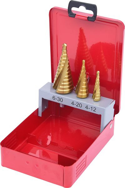 KS Tools HSS TiN-trapborenset, plaatstalen cassette, 3-delig, 330.2423