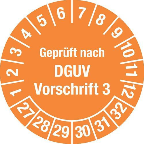 DENIOS teststicker "Getest volgens DGUV", 27 - 32, oranje, folie, SK, 20 mm, verpakking: 3 vellen à 36 stuks, 290156