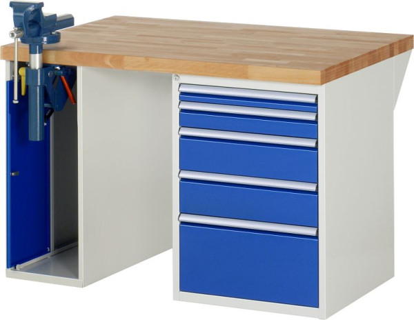 RAU werkbank serie 7000 - modulair ontwerp, 5 x laden, 1 x bankschroefkast, 1250x840x900 mm, 03-7511A2-129B4S.11