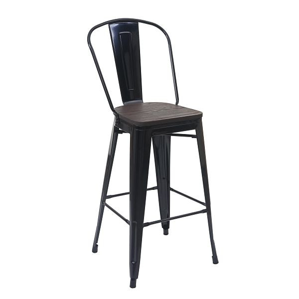 Mendler barkruk HWC-A73 incl. houten zitting, barkruk tegenkruk met rugleuning, metaal industrieel design, zwart, 74896