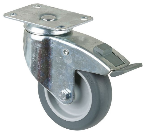 BS-wielen Zwaar apparaatwiel met rem, breedte 30 mm, Ø100 mm, tot 80 kg, grijs rubber, glijlager, plaat, VE = 4 stuks, C120.A80.100