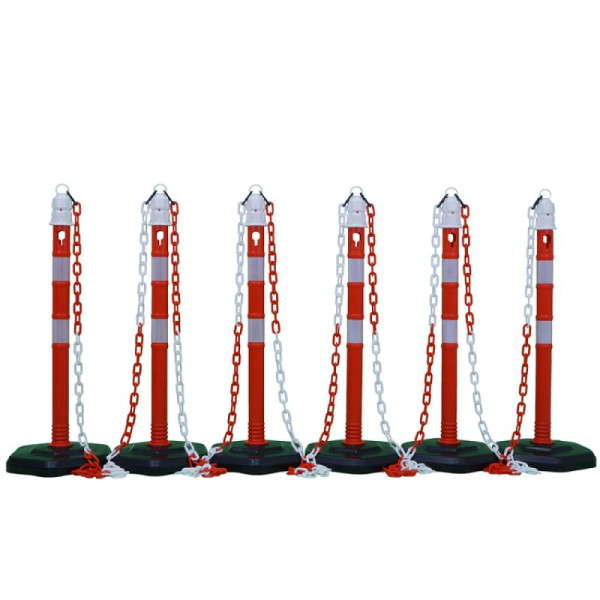 Stone HGS kettingpalen set van 6 "Jumbo" van kunststof, hoogte: 1m, Ø63mm, inclusief afzetketting, rood/wit, retroreflecterende strepen, 11740