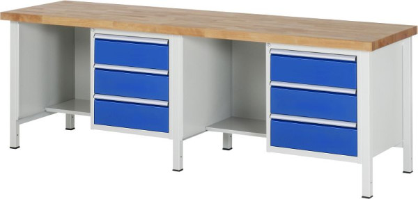 RAU werkbank serie 8000 - frameconstructie (gelast frame), 2 onderbouw containers (3x lade, plank), 2500x840x700 mm, 03-8452A2-257B4S.11