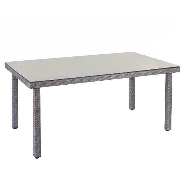 Mendler Cava poly rotan tuintafel, eettafel met glazen blad, 160x90x74cm, grijs, 64311