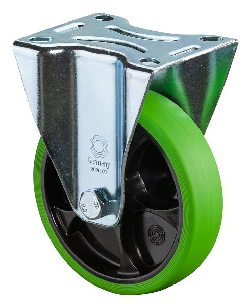 BS rollen transportrol vaste rol, thermoplastisch rubber wiel, groene band, rollager, plaat, diameter: 125 mm, verpakking: 2 stuks, L410.B44.126.04