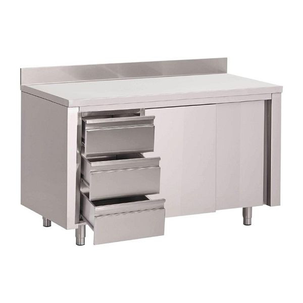 Gastro M werktafel met lades, schuifdeuren en opstand 140cm lang, DS442