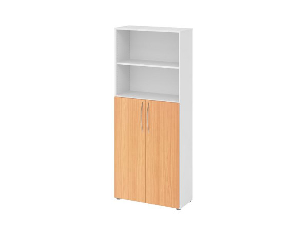 Hammerbacher plank 5OH, 3OH onderdeuren BM 4770, romp: wit / voorkant: beuken, 80 x 34,6 x 188 cm (BxDxH), gebogen handgreep BM, V4770/W/6/BM