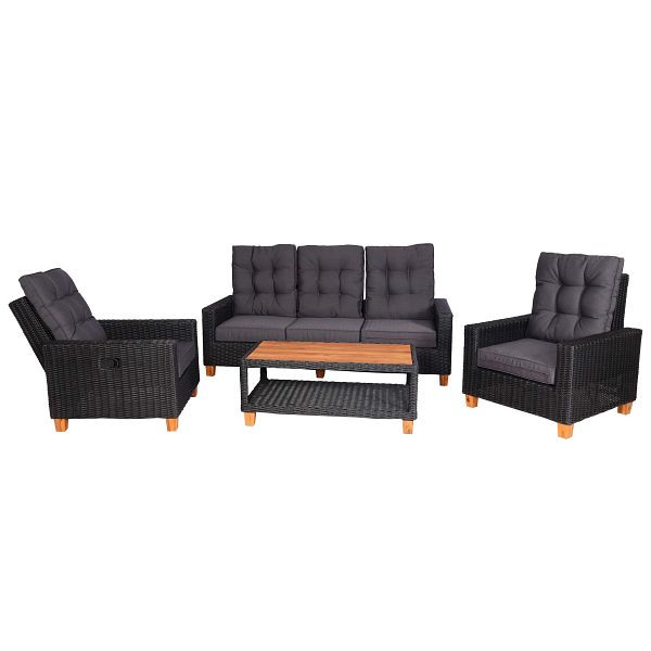Mendler tuinset HWC-G28, loungeset zitgroep, acaciahout, halfrond rotan verstelbaar FSC, antraciet, grijze kussens, 71187+71188