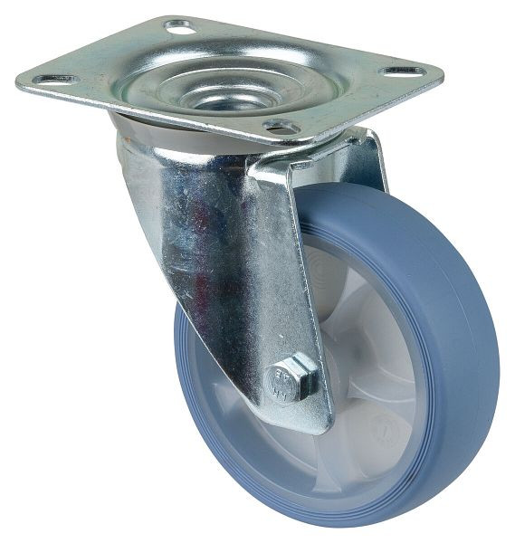 BS rollen transportwiel zwenkwiel, thermoplastisch rubberen wiel, lichtblauwe band, rollager, plaat, diameter: 100 mm, VE 4 stuks, L400.B44.101.05