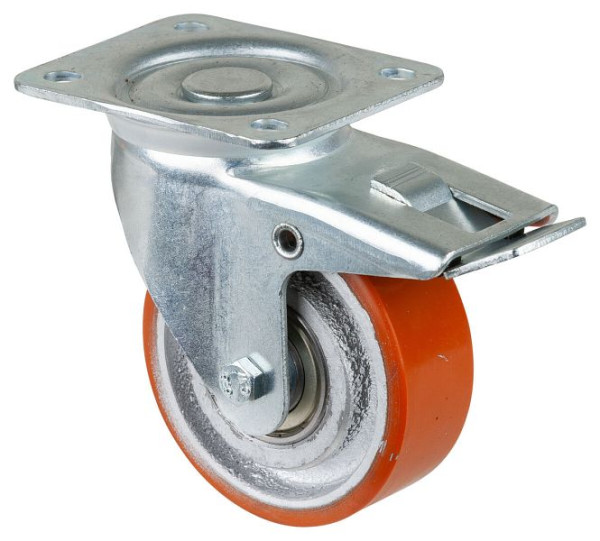 BS rollen transportrol met rem, breedte 38 mm, Ø100 mm, tot 295 kg, gegoten polyurethaan 95 Shore A, gegoten wiellichaam, kogellager, LB520.C10.100