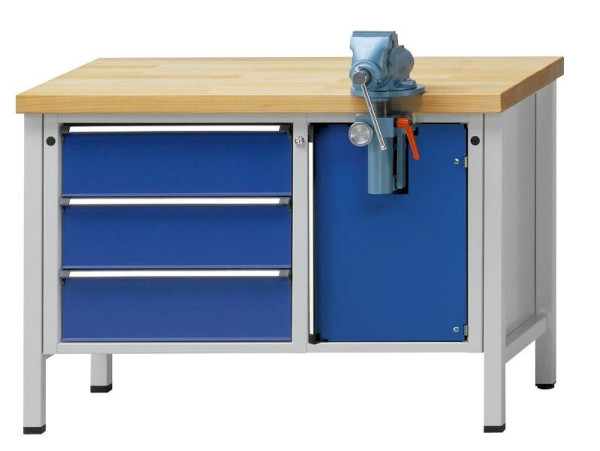 ANKE werkbank voor assemblage; onbeweeglijk; 1270x700 mm; RAL 7035/5010; Plaat met gegalvaniseerd plaatstaal; 3 laden links; Bankschroefcompartiment rechts