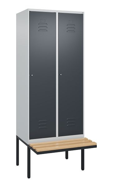 C+P Umkleidespind Classic PLUS, 2 Abteile, 2120x800x815mm, 7035/7016, Zylinderschlösser, Buche-Sitzleisten, je 2 Doppel-Haken, 0800407-22F S10052