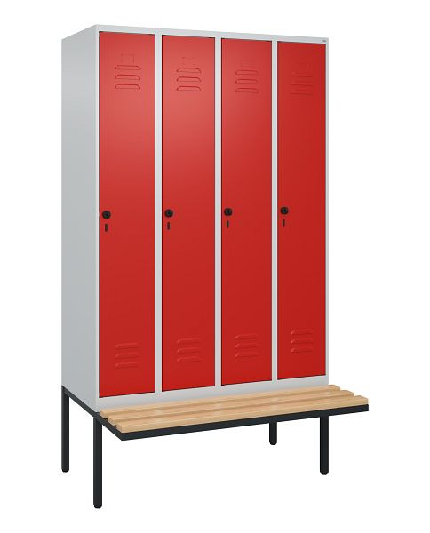 C+P Umkleidespind Classic PLUS, 4 Abteile, 2120x1200x815mm, 7035/3020, Drehriegel, Buche-Sitzleisten, 3 Doppel-Haken, 0800407-40 S10002