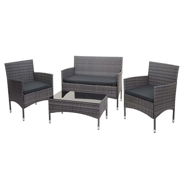 Mendler poly rotan set HWC-F55, balkon/tuin/loungeset bank zitgroep, grijs, kussens donkergrijs, 76117