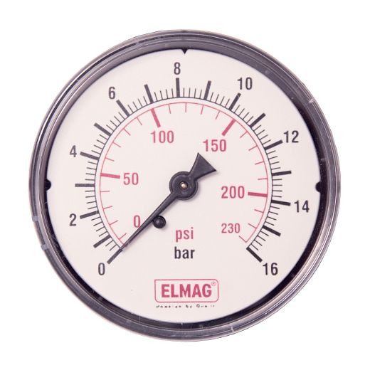 ELMAG manometer metalen behuizing 0-16 bar, Ø 63 mm, 1/4', buitendraad achter, 42239