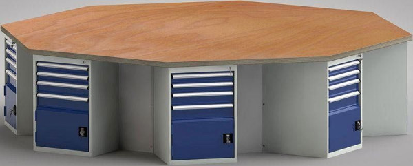 KLW standaard werkbank in achthoekige vorm met beuken multiplex blad in achthoekige vorm 3259 x 3259 x 40 mm L x B x S, WS670N-1350M40-E8009