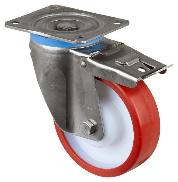BS rollen RVS zwaarlastwiel zwenkwiel, RVS, met rem, glijlager rood polyurethaan wiel, schroefplaat 150 mm, 600 kg, HS120.B27.150