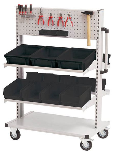 Bedrunka + Hirth Multi-Trolley voorzien van opbergplank onder Met 4 kantelbare planken en 2 geperforeerde panelen, afmetingen in mm (BxDxH): 990 x 610 x 1450, ESD07.58.16