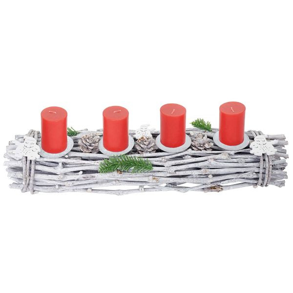 Mendler Adventskrans langwerpig, kerstversiering Adventsarrangement, hout 60x16x9cm witgrijs, met kaarsen, rood, 56641