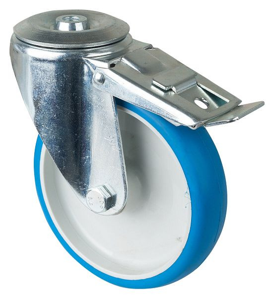 BS rollen transportrol met rem, breedte 35 mm, Ø150 mm, tot 150 kg, loopvlak polyurethaan blauw, behuizing kunststof, rollager, L121.B36.150