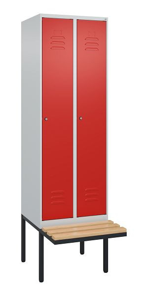 C+P Umkleidespind Classic PLUS, 2 Abteile, 2120x600x815mm, 7035/3020, Zylinderschlösser, Buche-Sitzleisten, je 2 Doppel-Haken, 0800407-20F S10066